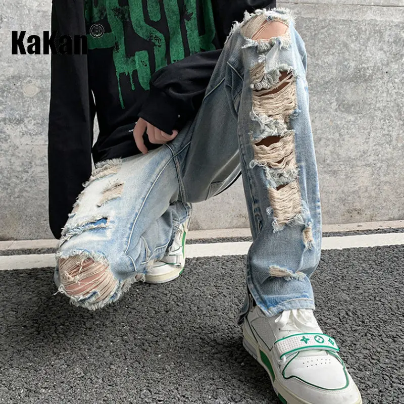 Kakan - Spring/Summer New Broken Hole Patch Slim Fit Straight Leg Jeans Men's Wear, High Street Wash Leg Zipper  Jeans K24-M5809