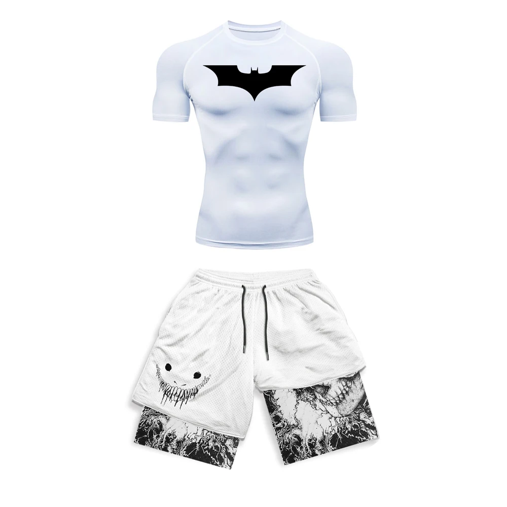 

Bat Berserk Print 2Pcs Anime Compression Sportswear Set for Men Quick Dry Compression Shirt+Gym Shorts Fitness Suit