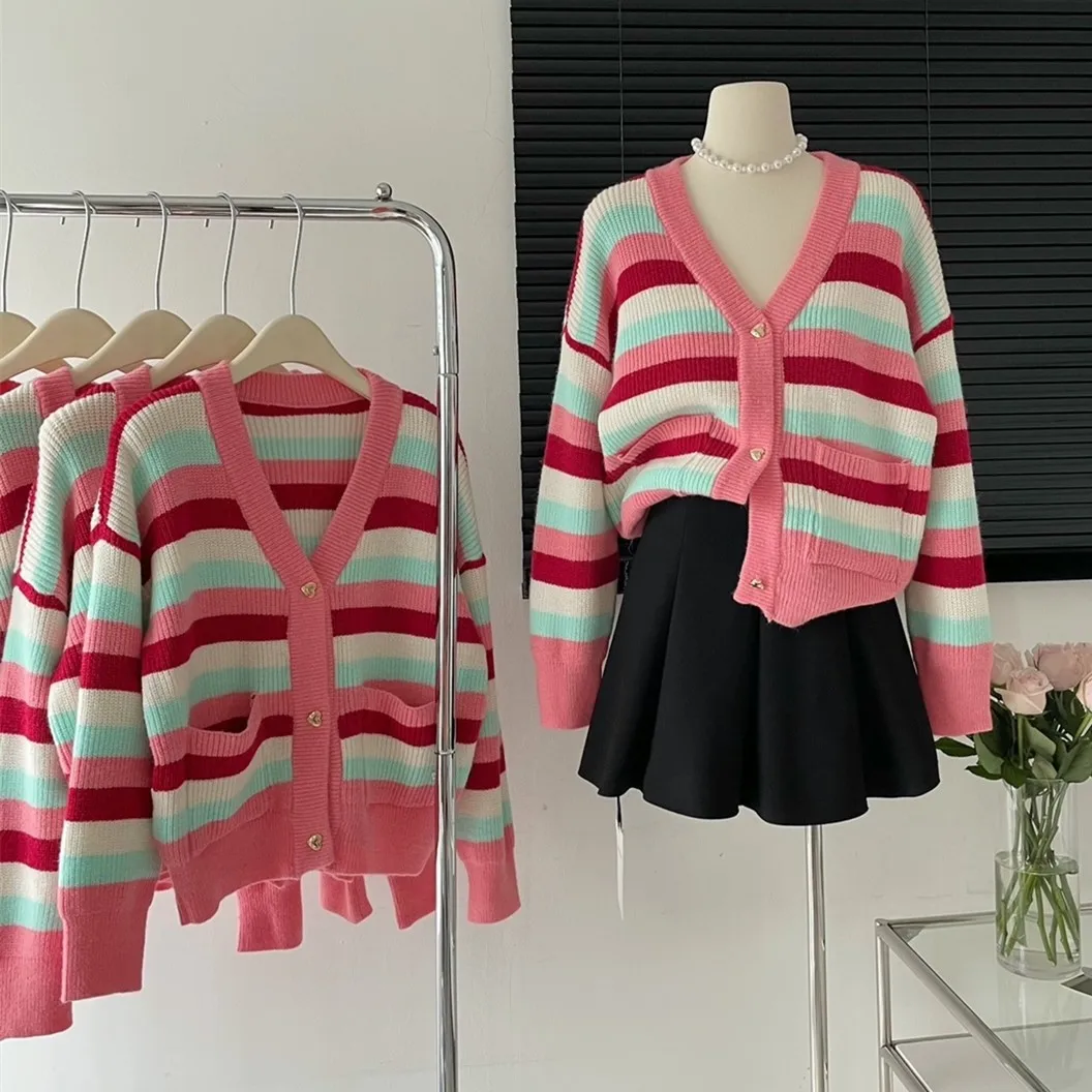 

Lauri Laki New Pink Stripe Sweater Cardigan Vintage Loose Soft Single Breasted Long Sleeve Sweater Autumn Winter Knitwear Tops