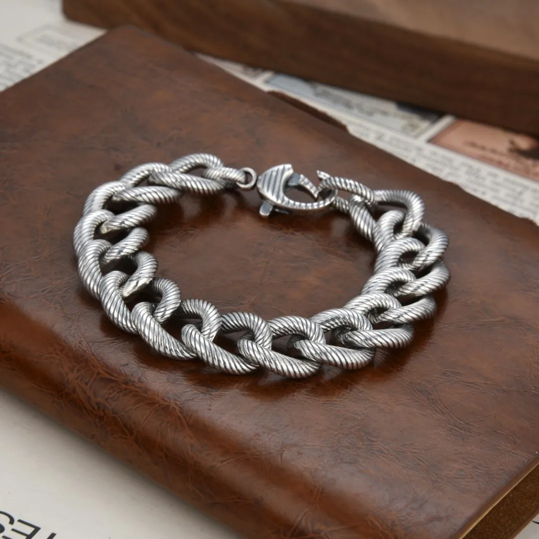 

S925 Sterling Silver Fashion Men's and Women's Personality Retro Thread Couple Bracelet Thai Silver Fashion Rock Punk Style