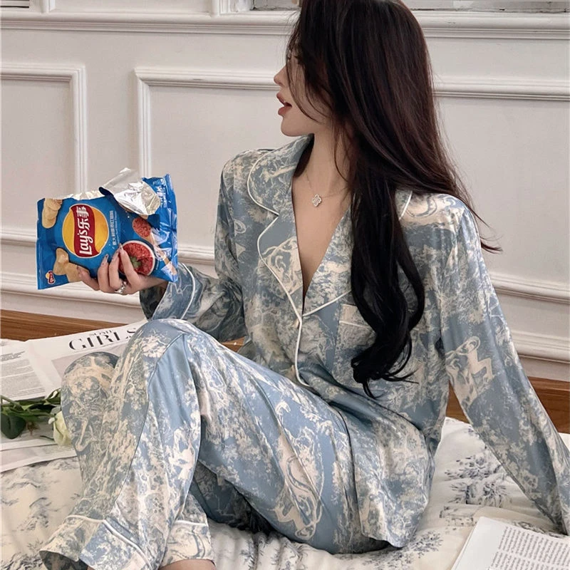 CAIYIER Colorful Animals Nightwear Suit Womens Long Sleeve Trousers Pyjamas Ladies Cardigan Fashion Ice Silk Sleepwear Home Wear