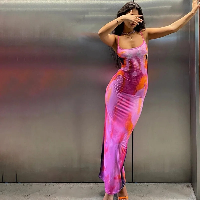 

Длинные облегающие платья 030 на бретелях-спагетти с открытой спиной, Платье макси с синим принтом, женская модель, одежда для ночного клуба