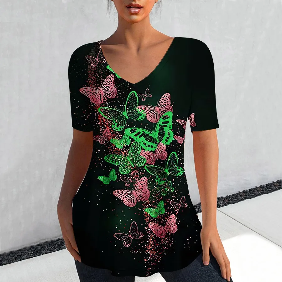 

New Fashion Women's T-shirt Summer 3d Butterfly Printing Tops Tees Street Casual V-neck Top Oversized T Shirt For Woman Clothing