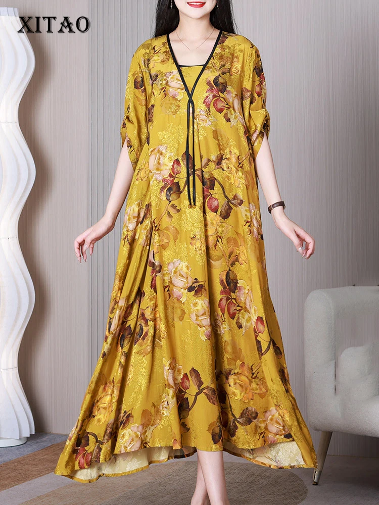 XITAO Print Short Sleeve Loose Women Temperament Dress Casual 2023 Summer New Irregular Design Advanced Sense Dress HQQ0560