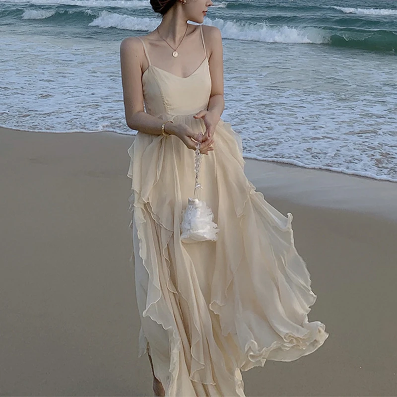 

Шифоновая кофта с открытыми плечами, элегантное женское летнее платье на бретелях-спагетти с V-образным вырезом, женские новые модные пляжн...