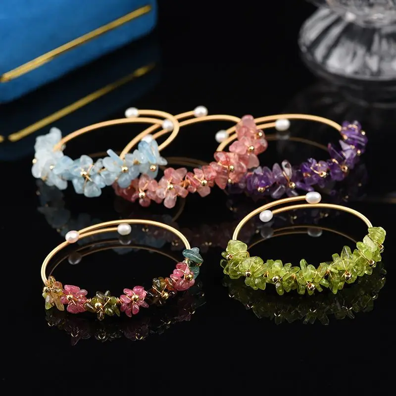 

Tourmaline Blue Sapphire Strawberry Crystal Natural Gravel Ornament Plating 14K Gold Hand Wound Wire Opening Bracelet for Women