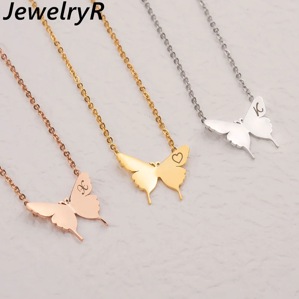 

JewelryR Custom Butterfly Necklace Personality Stainless Steel Gold Letter Pendant Fadeless For Women Jewelry Valentine Gift