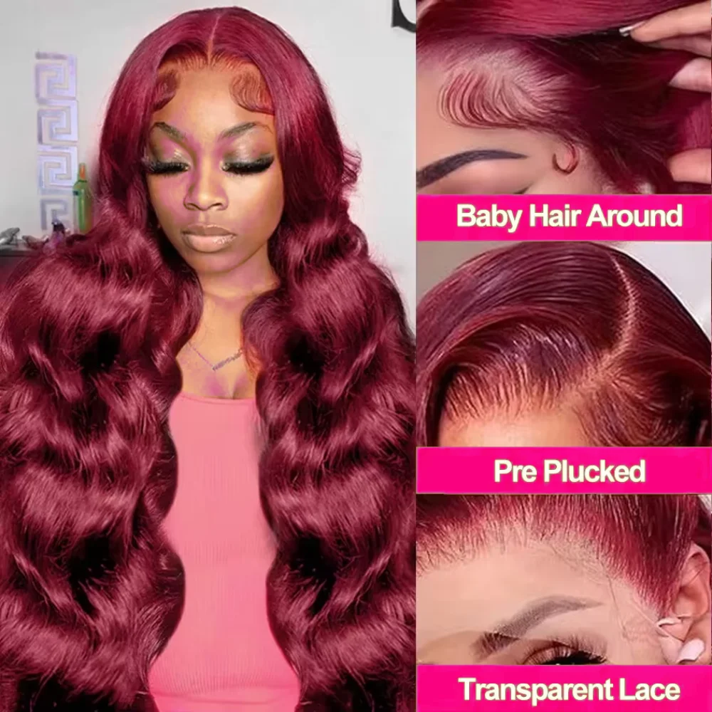 99J Burgundy Body Wave Wig 13x4 13x6 HD Lace Human Hair Front Pre Plucked 200 Density Red Colored Frontal Curly Wigs For Women
