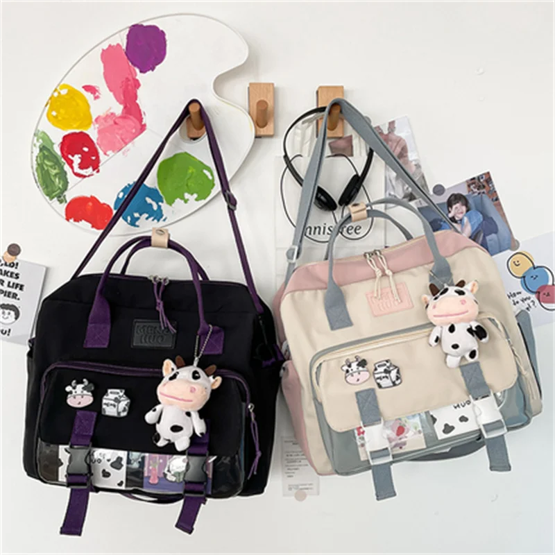 

Women Cute Cow Backpack Female Student College Schoolbag Girl Badge Multifunctional Backpacks Kawaii Ladies Waterproof Nylon Bag