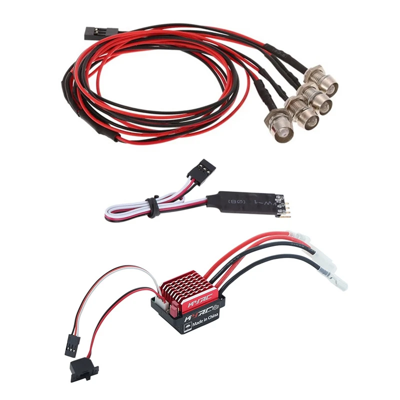 

2 комплекта радиоуправляемых запчастей для автомобиля: 1 комплект, 4 лампочки, 2 белых, 2 красных с 3-канальной панелью управления лампой и 1 комплект, 60 А, водонепроницаемый матовый ESC
