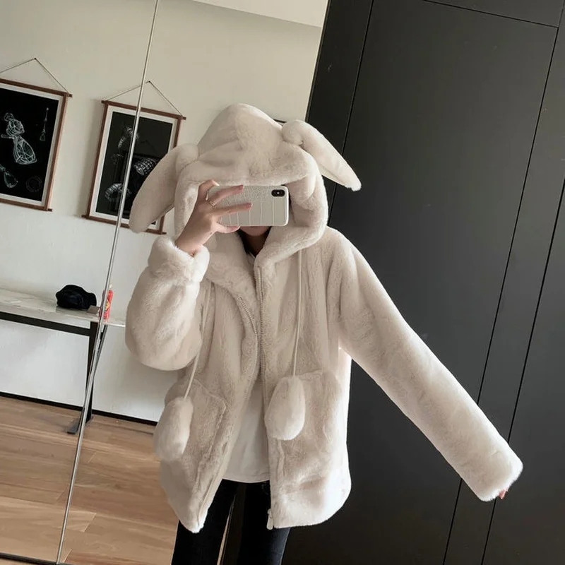Winter Fluffy Jacket with Rabbit Ears Raglan Sleeve Zipper Oversize Light Soft Harajuku Kawaii Faux Fur Hoodie 2021 White Parkas