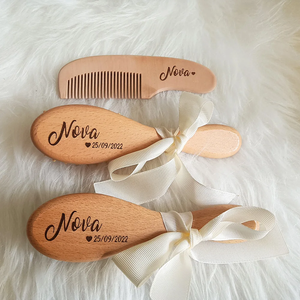 Custom Name Baby Hair Brush and Comb Natural Wood Manually Polished Eco Friendly  Massage Brush Baby Shower and Registry Gift