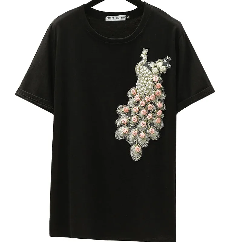 

Bead Peacock Girl T Shirt Summer Harajuku Embroidery Stereoscopic Flower Rose Women Tees Fairy Maiden Plus Size Tops Female