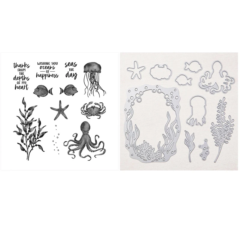 

Seas the Day Stamp and Sea Dies Underwater Ocean Sentiments Clear Stamps For DIY Embossing Scrapbooking Card Making Crafts 20A