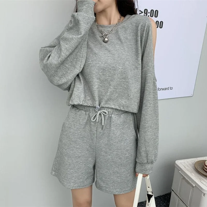 

Women's Tracksuit Cotton Loose Sports Shorts Lacing Fashion Shorts Women O Neck Long Sleeve Top Two Piece Sets Womens Outifits