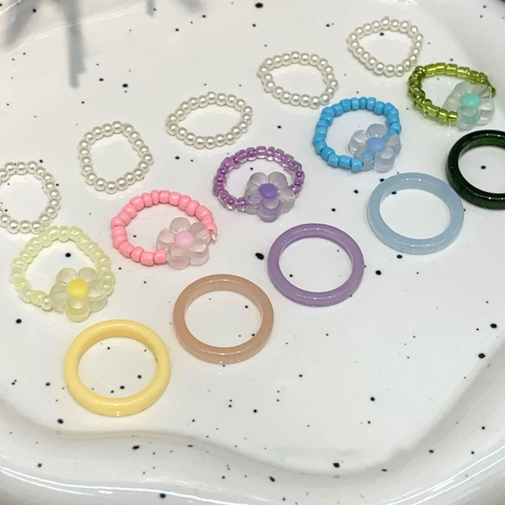 

1SET 2022 Korea Fashion Vintage Acetate Acrylic Chain Imitation Pearl Ring Set for Women Girls Party Wedding Jewelry Gifts