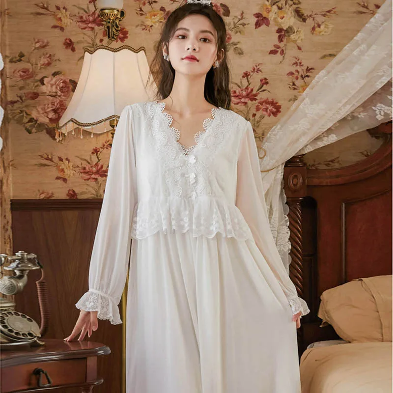 Roseheart New Women Homewear Female White Black Sexy Sleepwear Night Dress Long Lace V Neck Nightwear Nightgown Court Mesh