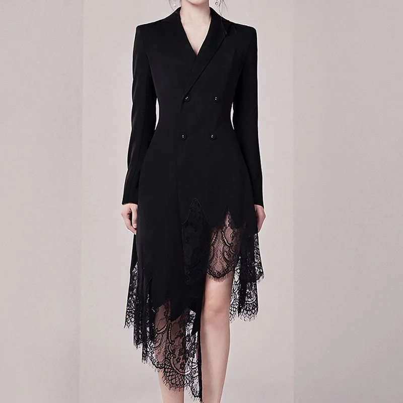 

SuperAen 2022 Notched Suit Jacket Office Lady Black Autumn Winter Full Lace Patchwork Dresses for Women