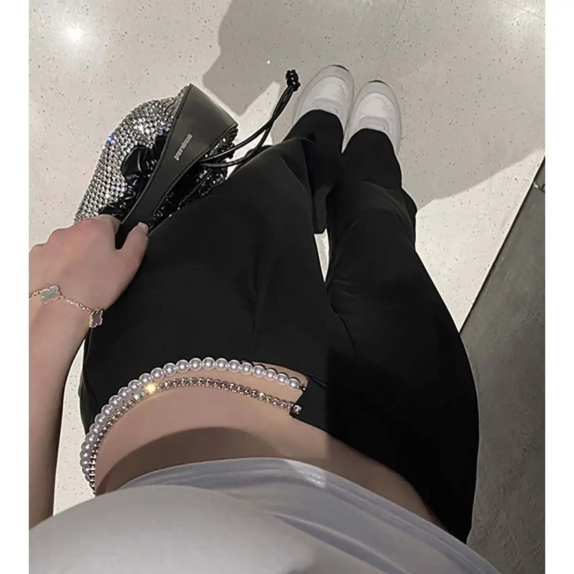 

Женские брюки в стиле Харадзюку Y2k, черные Костюмные брюки со съемным искусственным жемчугом, корейские готические прямые брюки с высокой т...