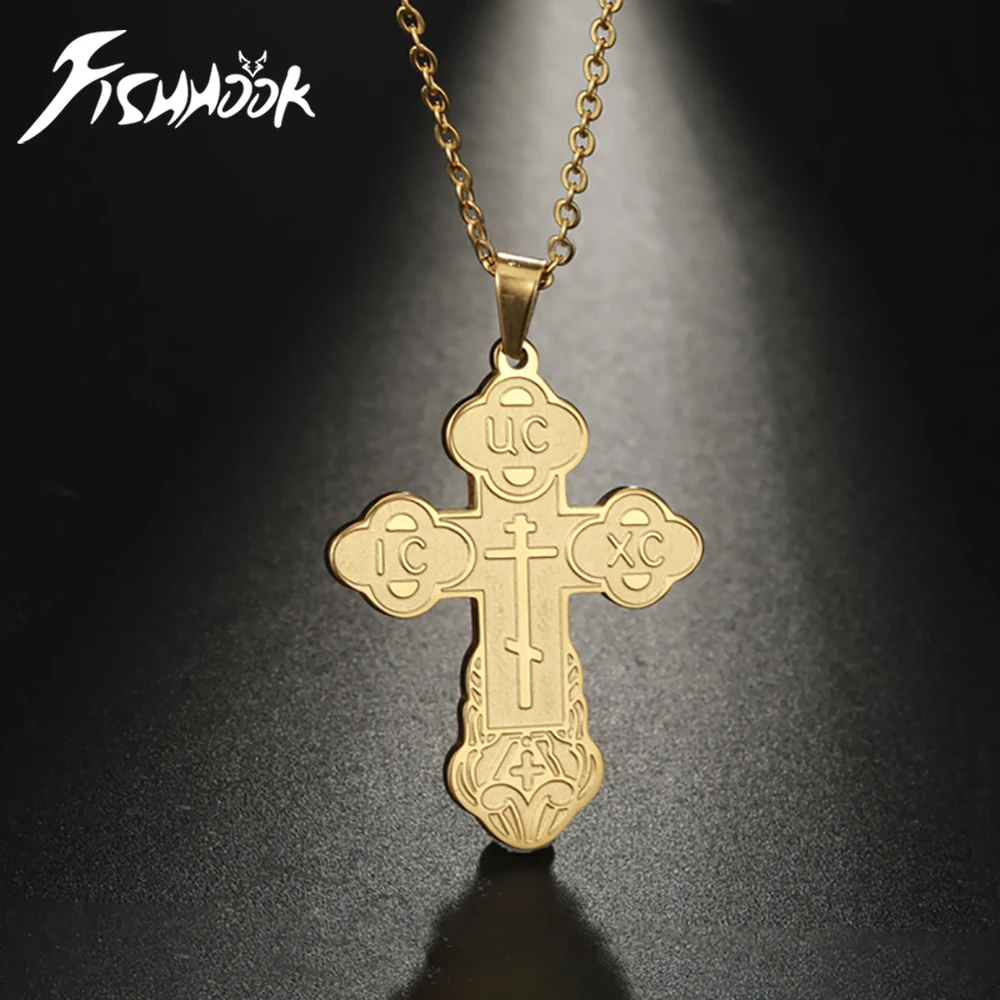 Fishhook Supernatural Orthodox Cross Necklace Easter Day Religious Amulet Russian Slavic Chain Christian Stainless Steel For Man