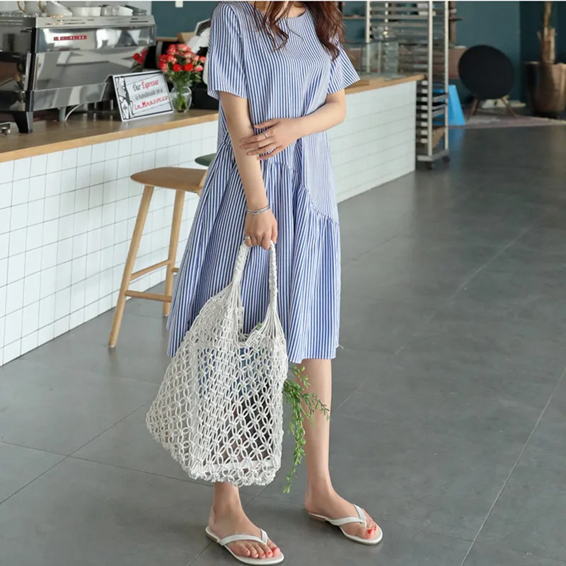 

VANOVICH 2022 Summer New Korean Irregular Patchwork Striped Loose A-LINE Dress O-Neck Temperament Knee-Length Women Dress