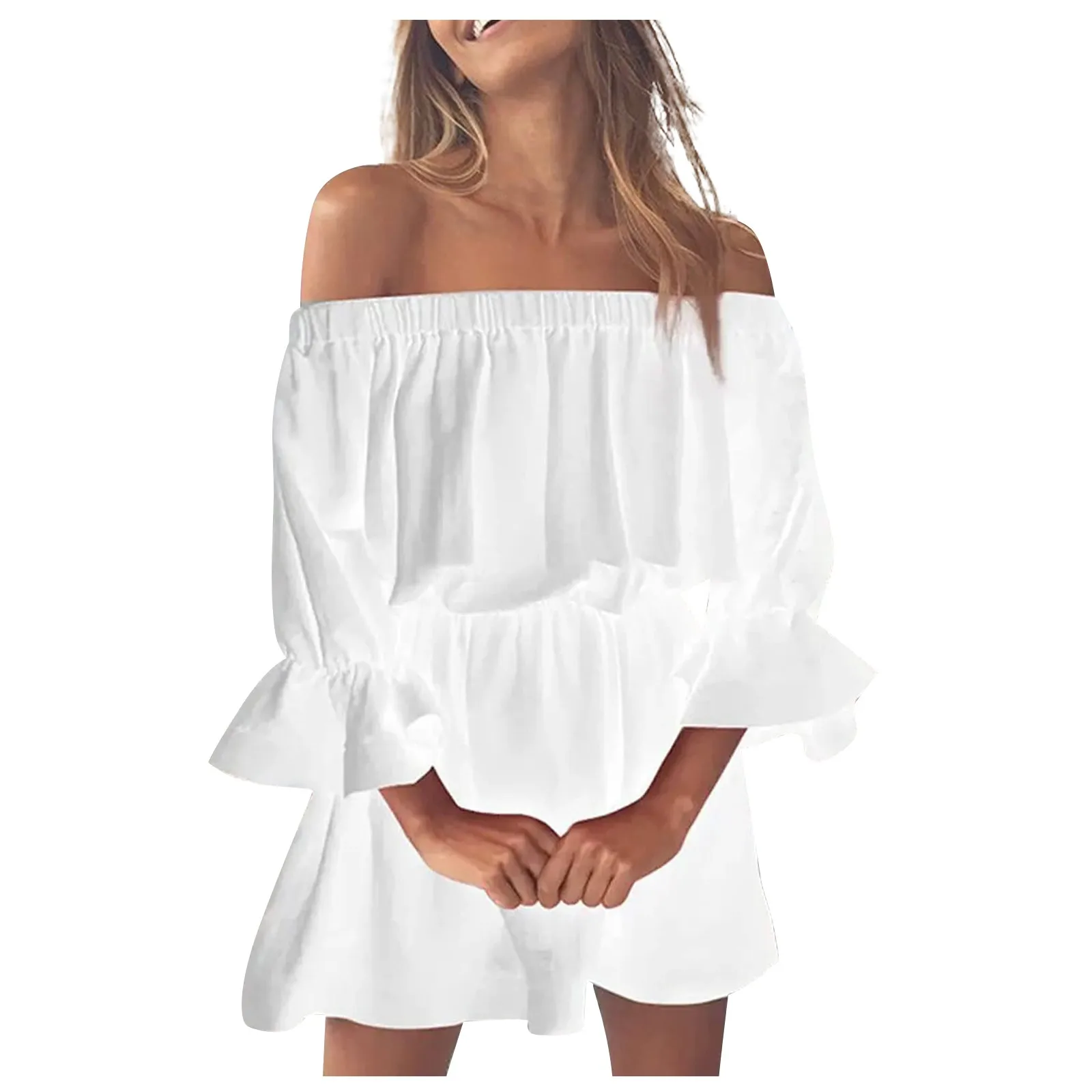 

Women'S Dresses 2022 Off Shoulder Flared Sleeve Solid Color Casual Dress Party Dresses Women'S Dress платье женское Vestido New