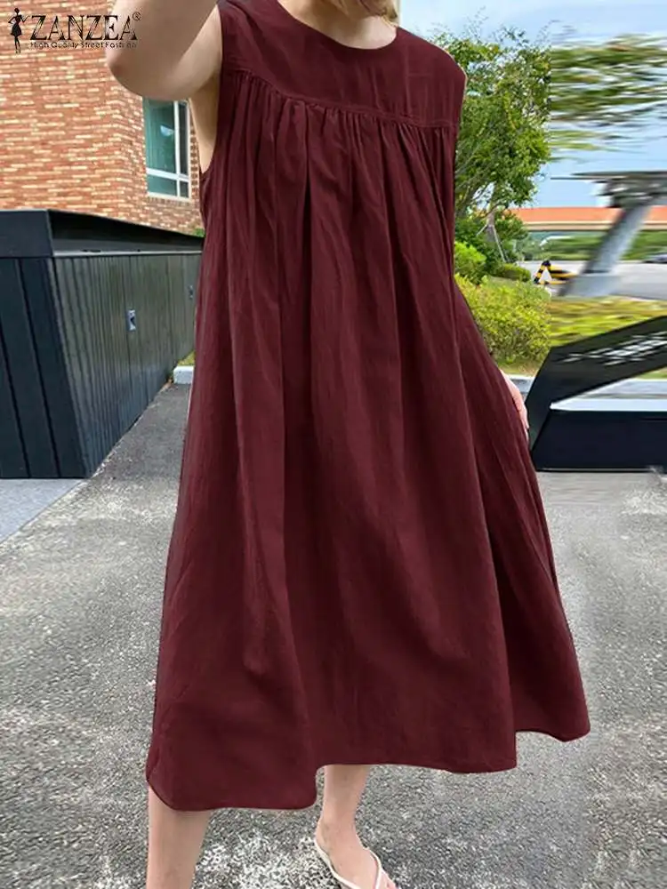 

2022 ZANZEA New Women Summer Solid Color Shirt Dress Bohemian Fashion Elegant Work OL Holiday Dresses Sleeveless O-Neck Sundress