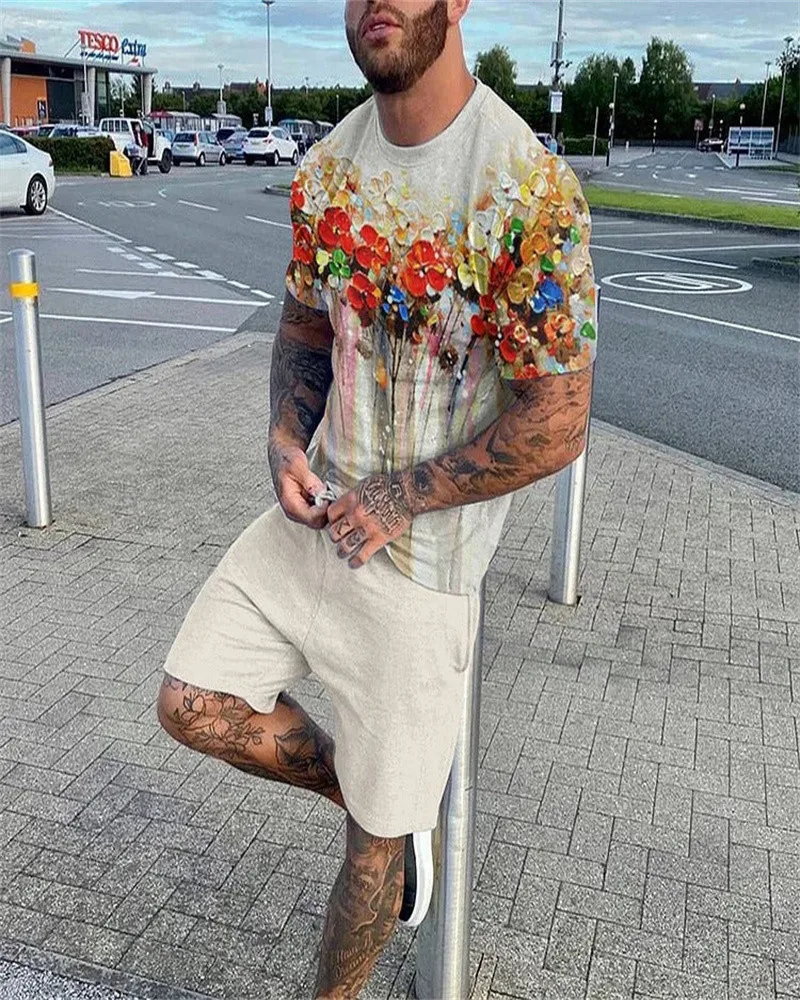 2023 Summer Men's 2-Piece Sportswear Flower 3D Printed T-Shirt Suit Street Casual Two-Piece Men's Oversized Men's T-Shirt Set