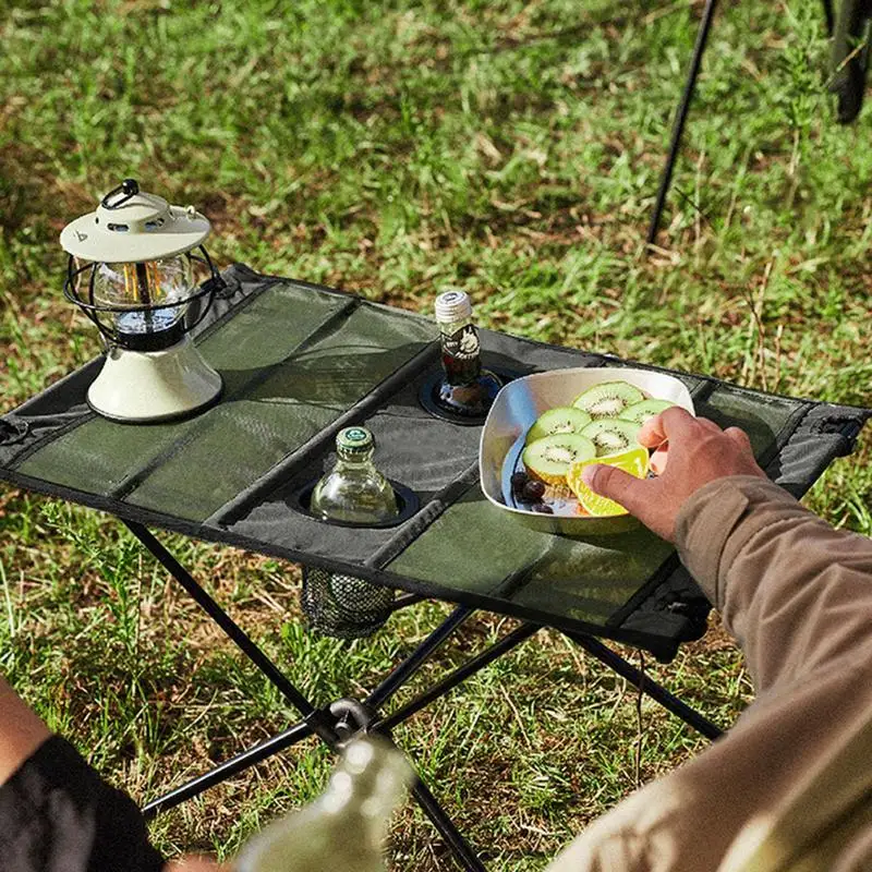 

Camping Table With Double Water Cup Bin Portable Folding Camping Side Table With Mesh Folding Picnic Table Desktop For Camping