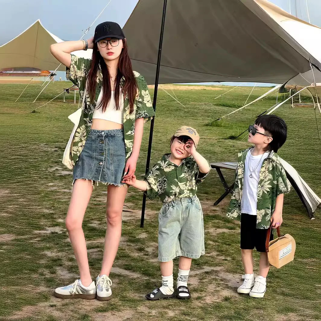 Семейная пляжная одежда для отдыха парная отпуска платье мамы и дочери зеленое