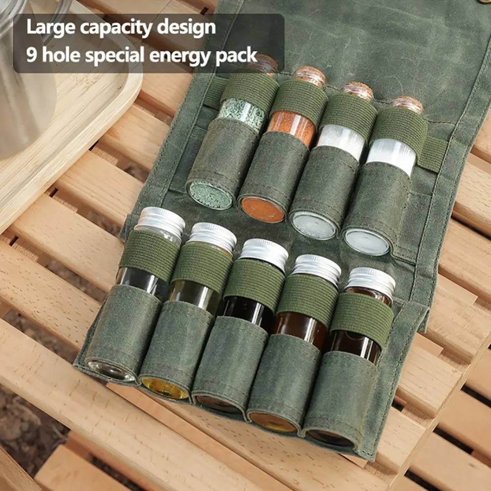 

Outdoor Spice Bottle Set Camping BBQ Picnic Seasoning Bottle Holder with 9 Spice Jars Portable Spice Bag Condiment Container Set