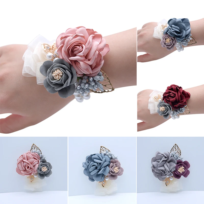 

Corsage and Boutonniere Set Wedding Wrist Flower Rose Silk Ribbon Bride Corsage Hand Decorative Wristband Bracelet Bridesmaid