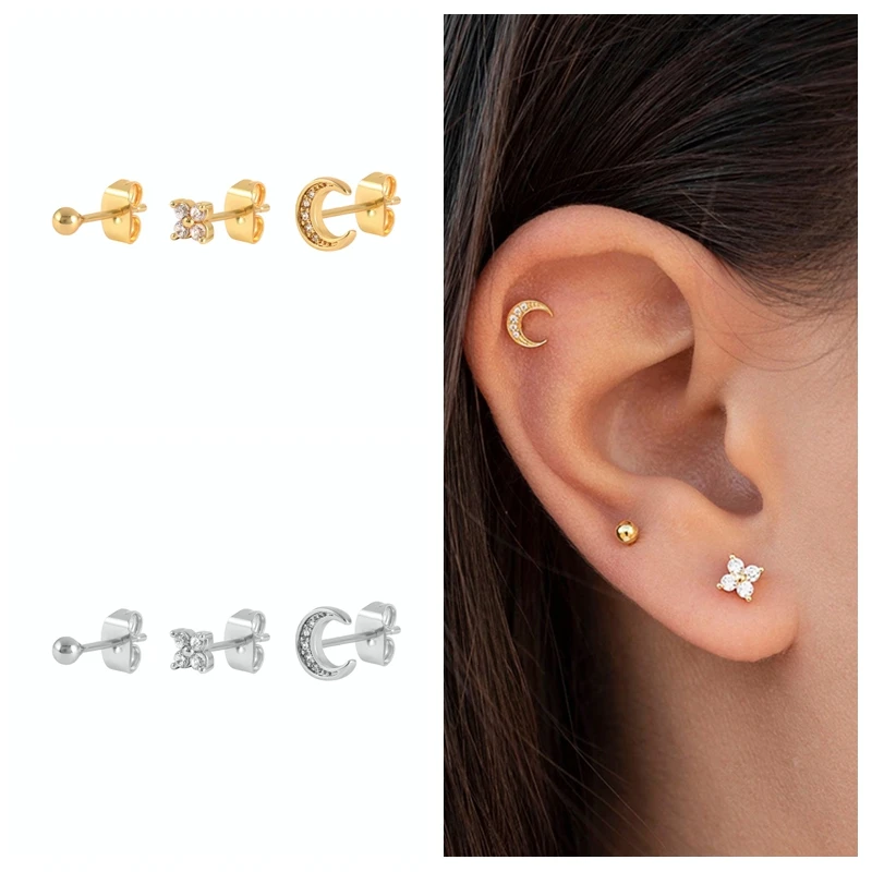 

KOJ Mini Stud Earrings For Women 2022 Gold Trendy Ball Moon Flower Shape Piercing Earring Fashion Jewelry Boucle D’oreille
