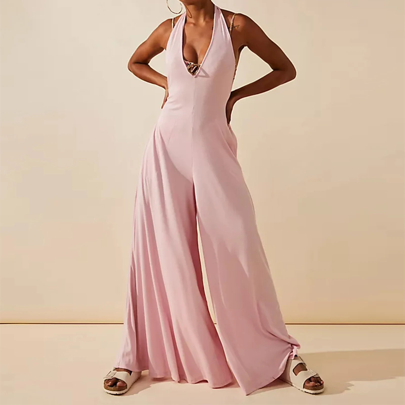 

Ladies Summer One Piece Deep V Neck Women Halter Long Jumpsuit Solid Color Casual Jumpsuit A Line Wide Leg Vacation Suit