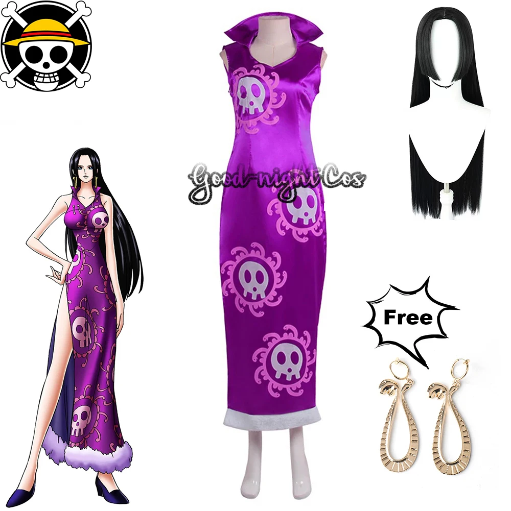 

Anime Boa Hancock Cosplay Costumes Wig Earrings Purple Sexy Dress Fancy Cheongsam Girl Dress Set Halloween Carnival party