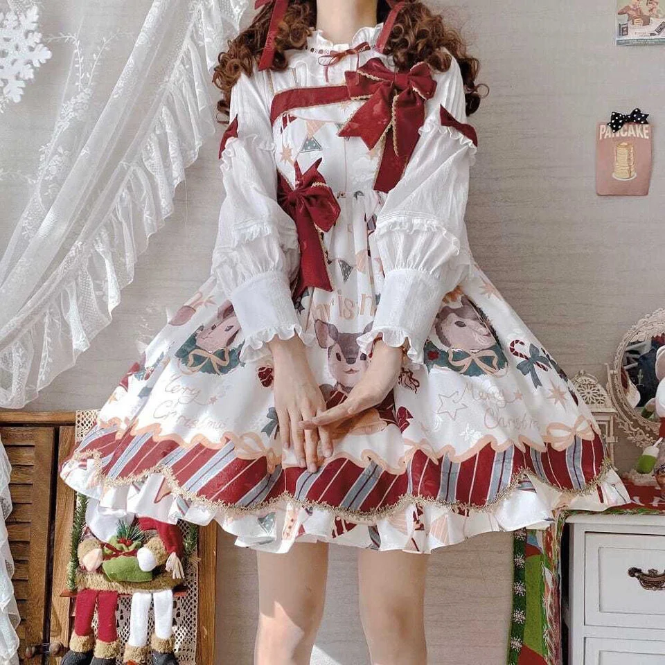 

Kawaii Японская девочка Лолита Jsk Лось красное рождественское платье на бретельках кавайная одежда платье лолиты