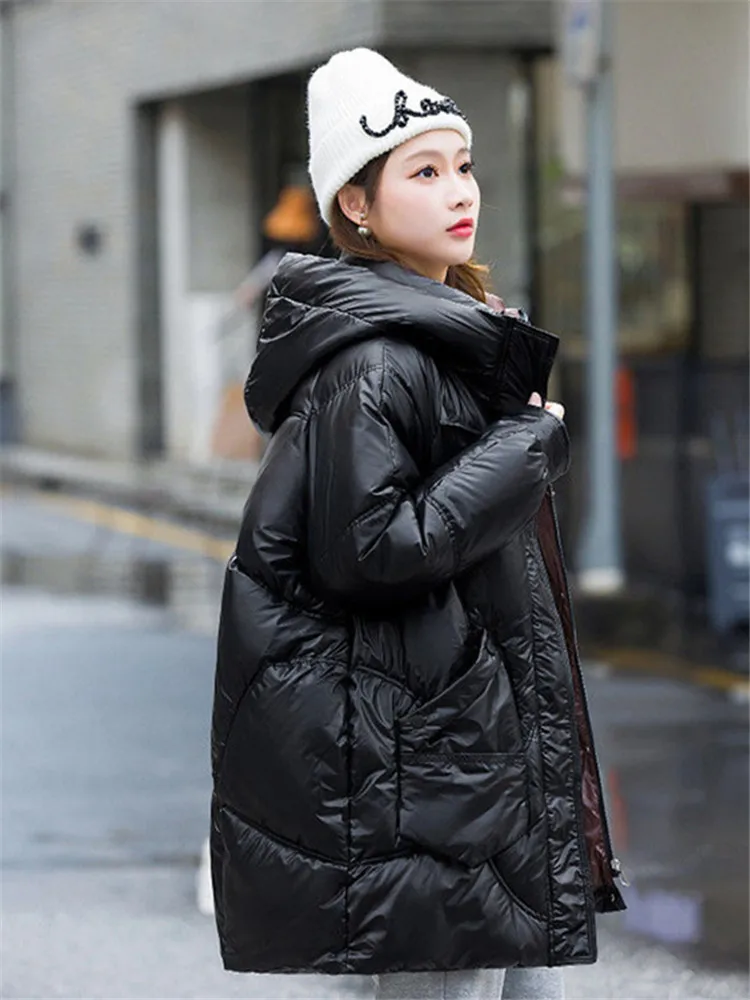 

2023 Winter Women Mid-length Down Cotton Jacket Loose Wild Coat Casual And Elegant Hooded For Parkas Keep Warm Down Black Coats