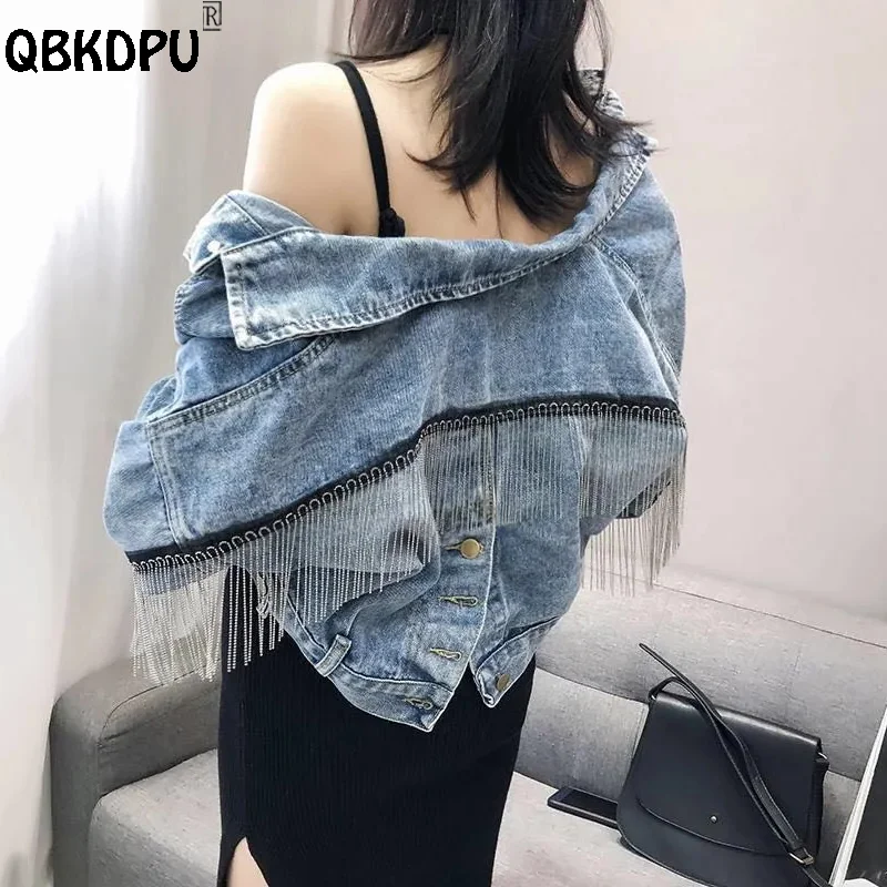 

Korean Tassel Denim Jacket Women Chic Beading Loose Cropped Jeans Coats Girl Streetwear Fashion Outerwear Harajuku Clothing