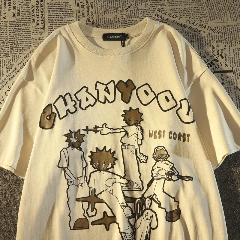 

Футболка мужская оверсайз с коротким рукавом, хлопковая Повседневная рубашка в американском стиле, ретро, с рисунком рок и аниме, в стиле уличной моды, топ в стиле Харадзюку, на лето