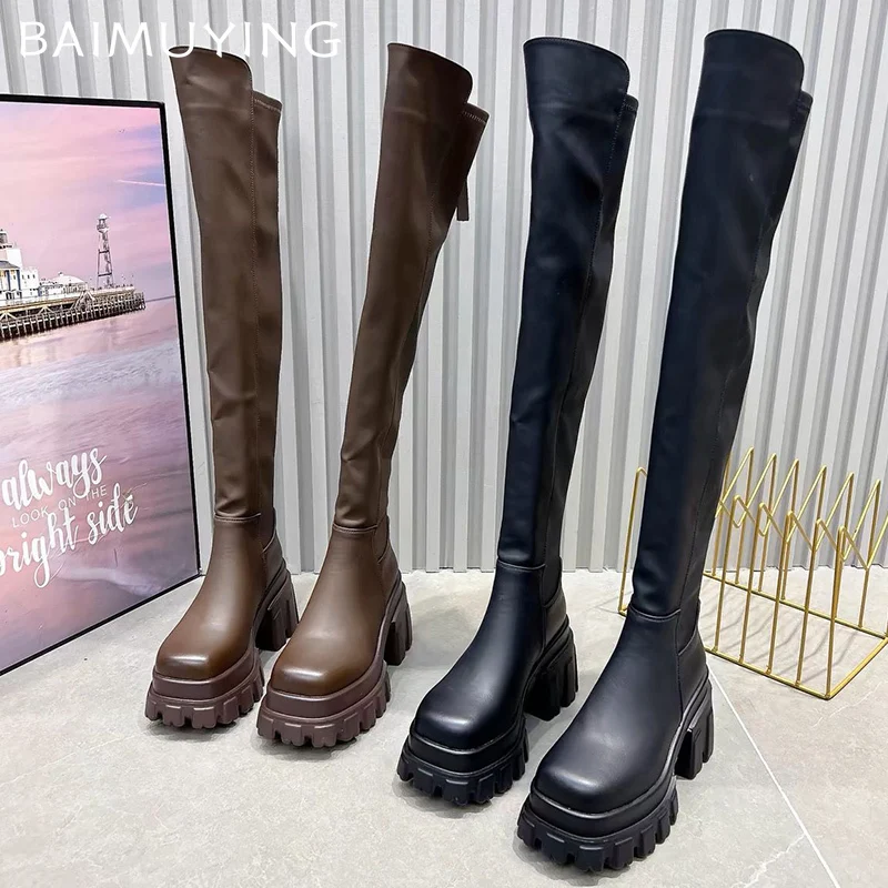 Кожаные женские высокие сапоги на массивном массиве модные ботинки высоком