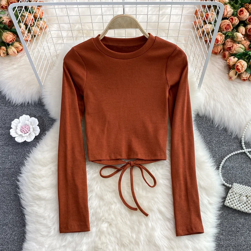 

Новинка осени 2021, Стильная приталенная рубашка с воротником-стойкой и завязкой на пупке, короткий топ в западном стиле, футболка с длинным р...