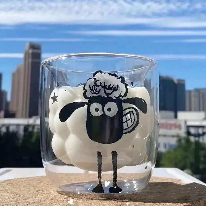 

Kawaii Shaun The Sheep мультяшная двойная стеклянная чашка 300 мл для холодных напитков кружка для кофе Милая чашка для молока сока лучший подарок для ...