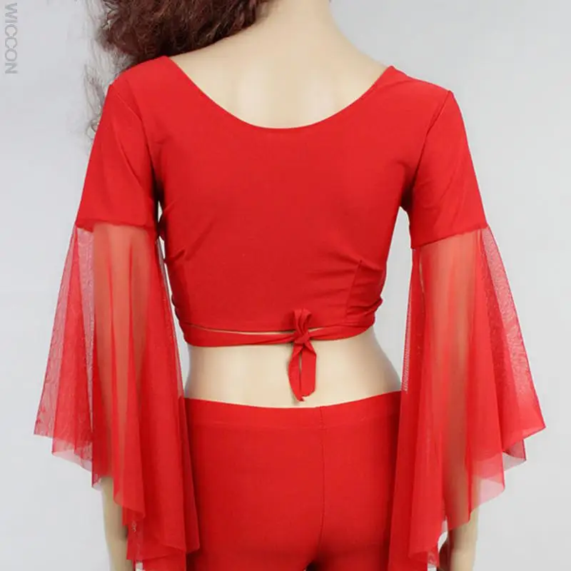 

Women Mesh Patchwork Three Quarter Flare Sleeve Bead Lace-Up Shawl Crop Tops Cardigan Indian Belly Dance Costume