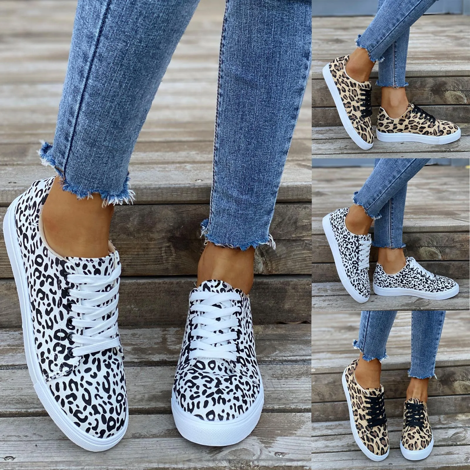 

Women's Sneakers Flat Leopard Print Stitching Large Size Casual Non-slip Canvas Sports Running Light Comfortable Slippers Shoes