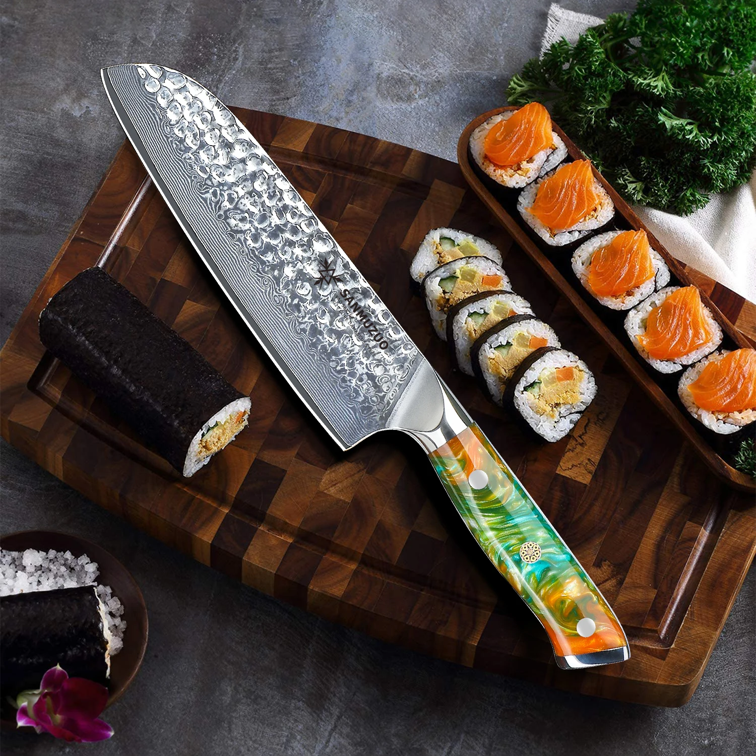 SANMUZUO 7-дюймовый нож сантоку-японский шеф-нож-ручка из дамасской стали и