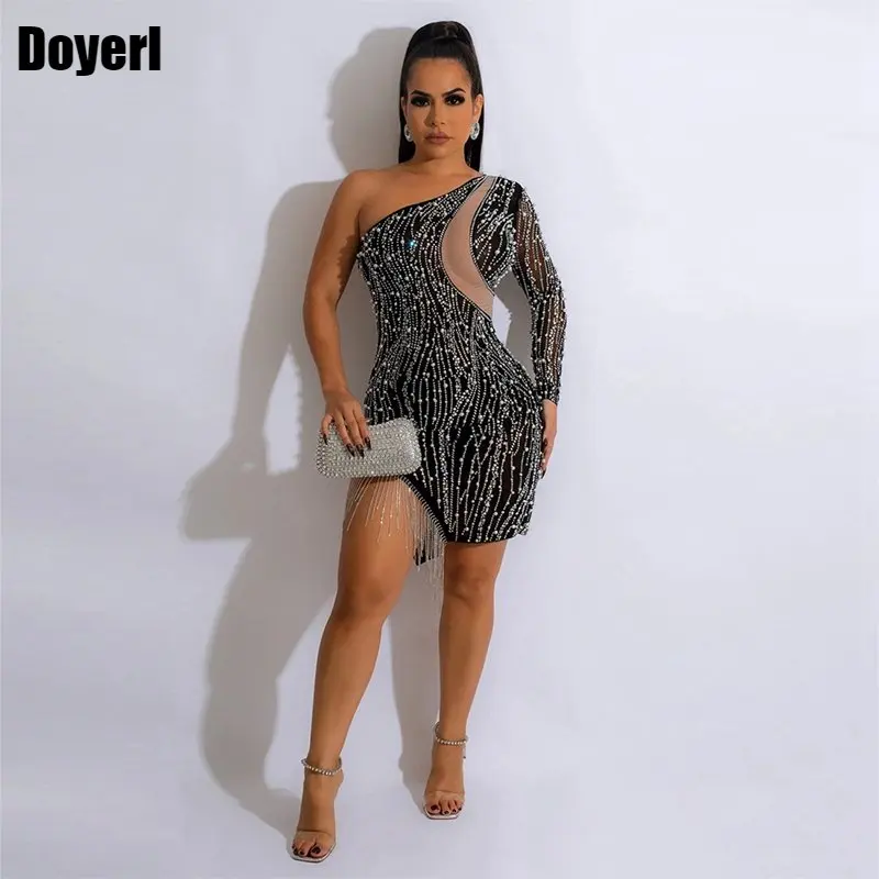 

Сексуальное вечернее платье стразы, женское элегантное роскошное черное платье мини на одно плечо, сверкающее вечернее платье с длинным ру...