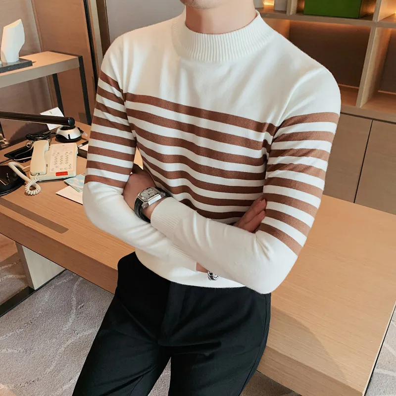 Stripe Knitted Sweater Men 2022 Autumn and Winter New Korean Slim Half High Collar Underlay Middle Neck Sweater Casual  clothes