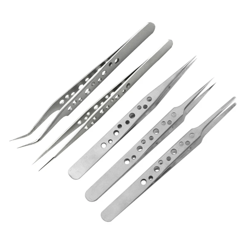 

5Pcs Electronics Industrial Tweezers Anti-static ESD Curved Straight Tip Precision Stainless Steel Forceps Phone Repair