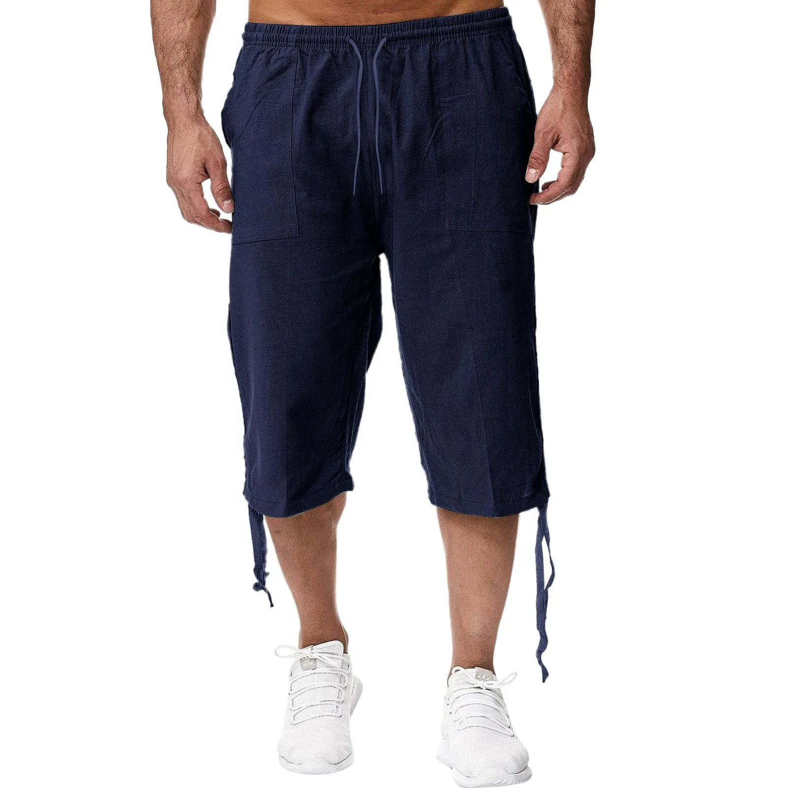 

Мужские весенне-летние хлопковые брюки, спортивные штаны с веревкой для ног, штаны для бега, свободные повседневные пляжные Капри для отпуска