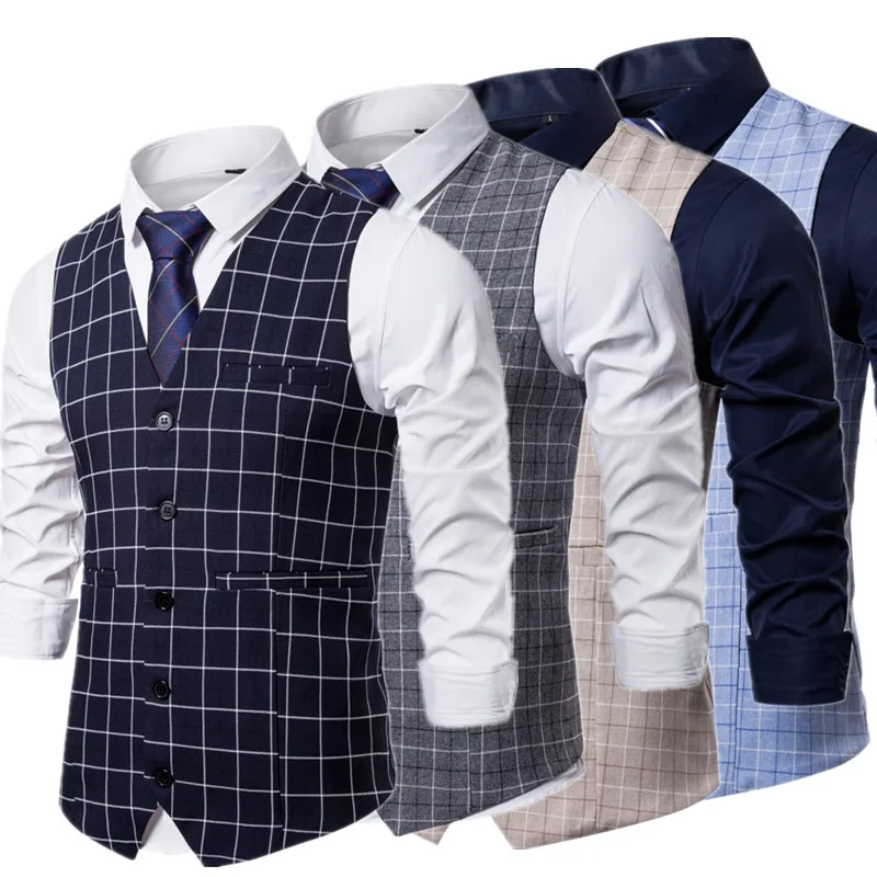 Plaid Striped Vest Men Business Wedding Party Dress Tops Fashion European Style Formal Casual Clothing Homme  Size 3XL-S